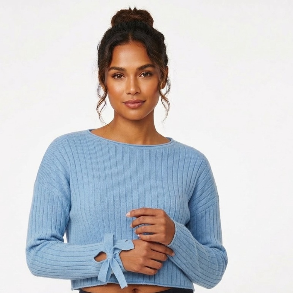 O&O S Blue Dream Ribbed Knit Bow Sleeve Cropped Cottagecore Soft Girl Sweater